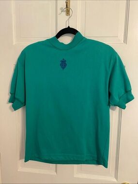 Jaclyn Smith Teal Short Sleeve Tee with Blue Embroidery